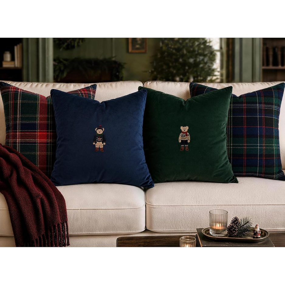 Christmas Decorations Set Of 4 Heritage Throw Pillow Covers, 20x20 Embroidered Bear, Tartan Plaid Pillow Covers, Velvet Pillow Cases, Xmas