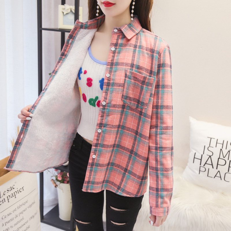 Thicken Plus Velvet Plaid Shirt Women Retro Pink - Shop at LoveMi