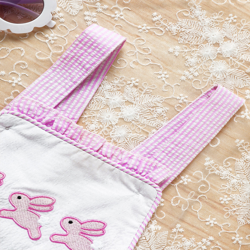 Baby Sweet Bunny Romper, Ruffle Trim Onesie With Adjustable Straps & Snap Closure