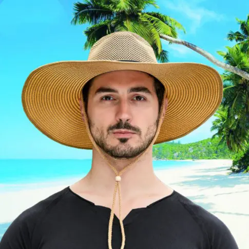 Breathable Mesh Big Brim Straw Hat Men's