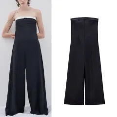 Contrast Colour Off-neck Tube Top Jumpsuit Stitching Wide Leg - Blue - View 1