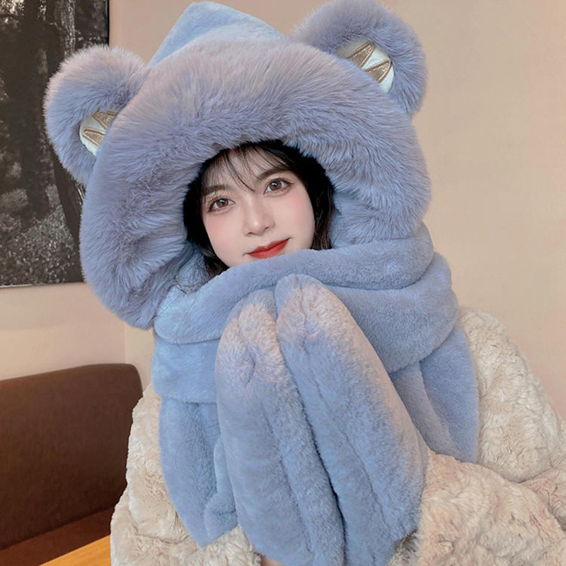 Women's Autumn And Winter Cute Plush Bonnet Thick Warm Scarf Gloves Three-piece Set - Image 15