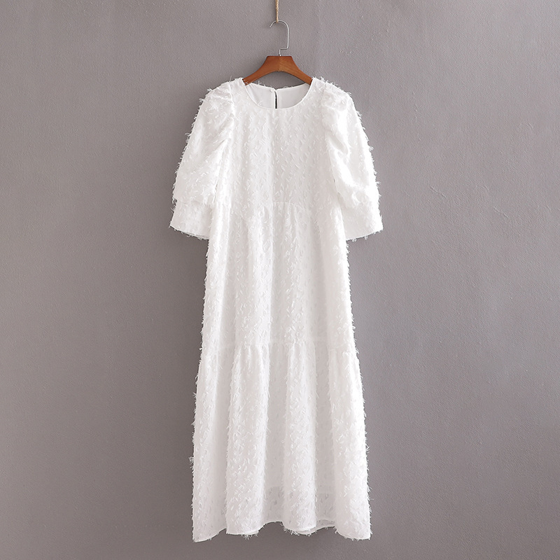 Women's Summer Round Neck Short Sleeve High Waist Cut Flower Decoration Dress