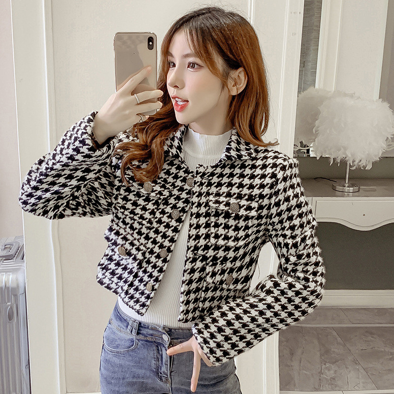 Korean Temperament Celebrity Houndstooth Woolen Coat