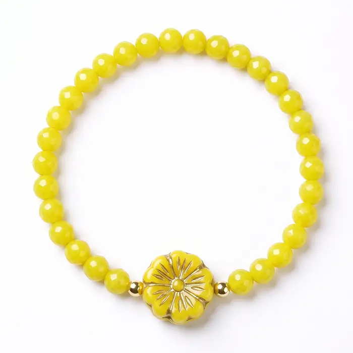 Vintage Gold Trim Flower Beaded Stretch Bracelet For Women, Macaron Color Jade Beads With Ceramic Floral Charms, Stackable Elastic Design, Sweet Summer Daily Ma
