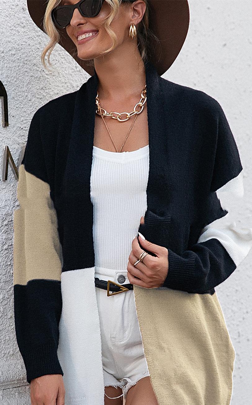 Check Color Block Pocket Cardigan Loose