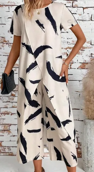 Solid Colored Asymmetric Hem Short Sleeve Top And All Over Print Long Pants Two Piece Set Apricot - Shop at LoveMi