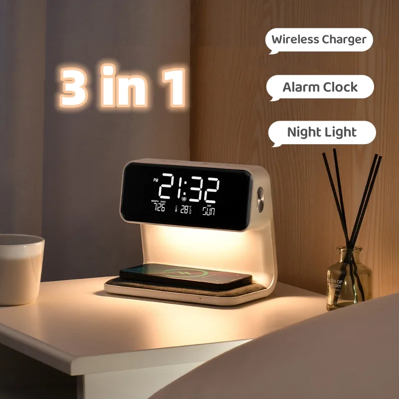 Creative 3 in 1 Bedside Lamp Wireless Charging LCD