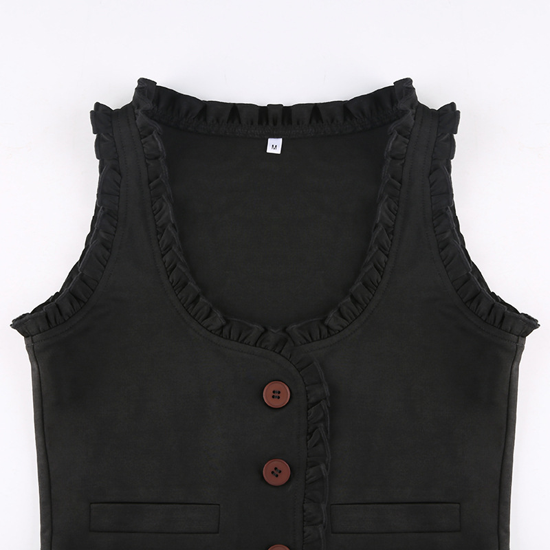 Ins Net Red Hot Girl Dark Black Fungus Edge Solid Color Button Vest Female Trend