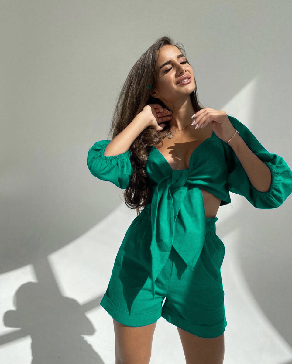 Women's Lantern Mid Sleeve Cardigan Wide Leg Pocket Shorts Casual Suit