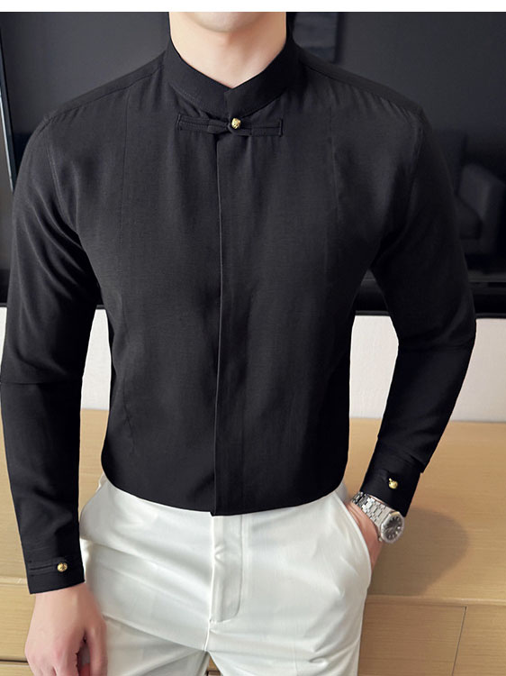 Men's Solid Color Stand Collar Long-sleeved Shirt
