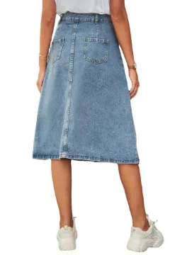 All-matching Slimming Washed Denim Breasted Skirt Women - Blue - View 1