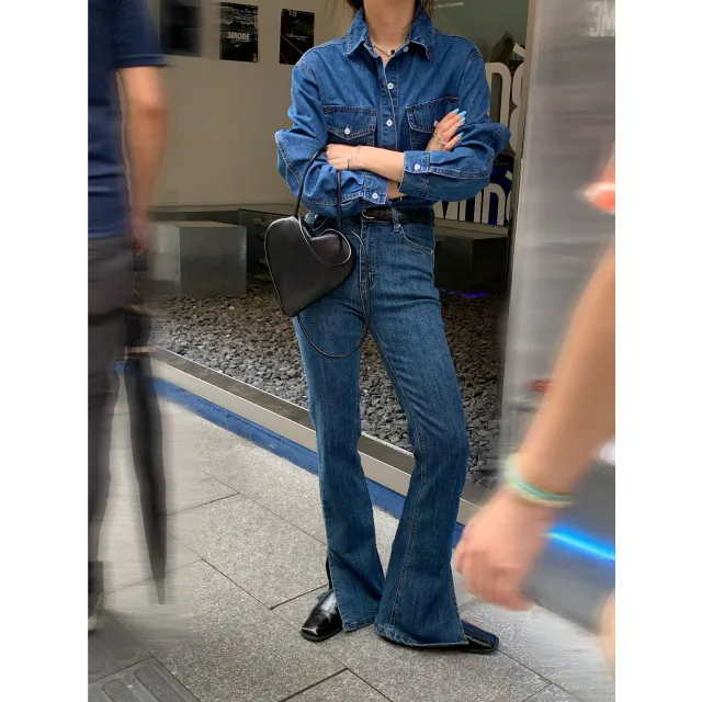 Women's High Waist Casual Stretch Flare Slit Jeans Women Dark Blue - Shop at LoveMi