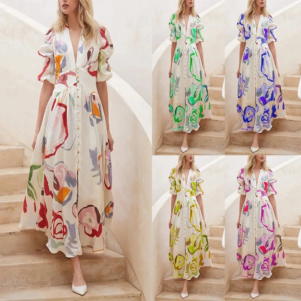 Women's Graceful And Fashionable Slim Fit Large Swing Elastic Printing Long Dress