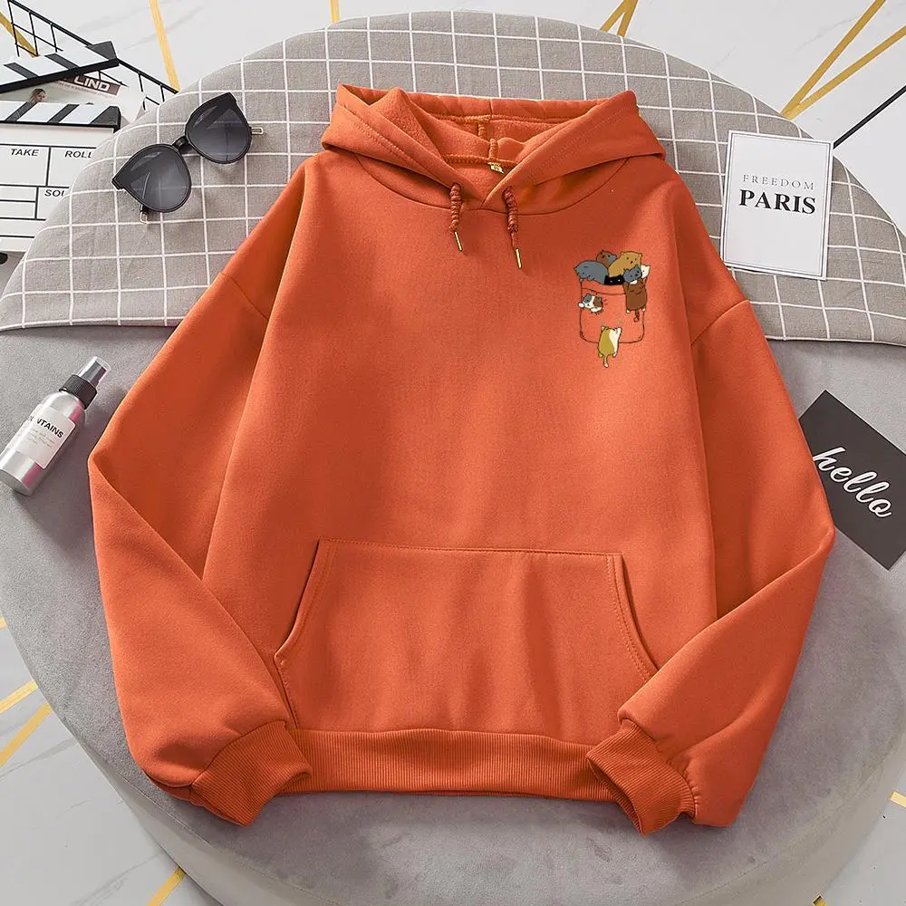 Popular Women's Pocket Cat Fleece Long-sleeved Sweater Hoodie - Brick Red