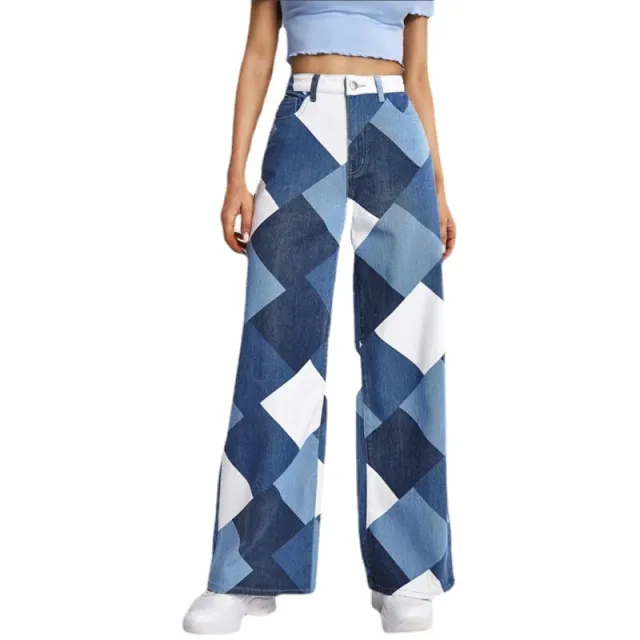 Casual High waisted Large Straight Leg Printed Denim Pants Blue - Shop at LoveMi