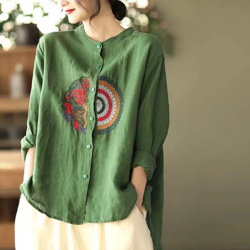 Casual Large Size Literary Cotton Hemp Long Sleeve T-shirt