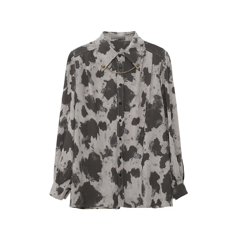 Title 2, Blouse Long Sleeve Black Gray Color Block Leopa...