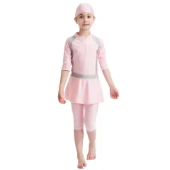 Girls' Solid Color Conservative Swimsuit - Pink - View 1