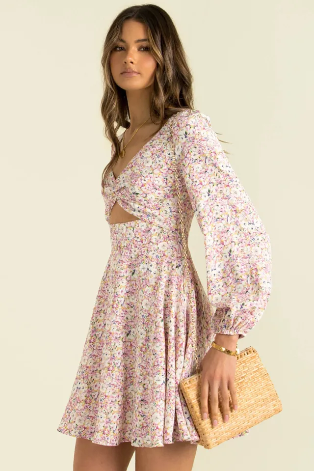 Floral Digital Print Women's Autumn V neck Twisted Long Sleeve Dress Purple - Shop at LoveMi