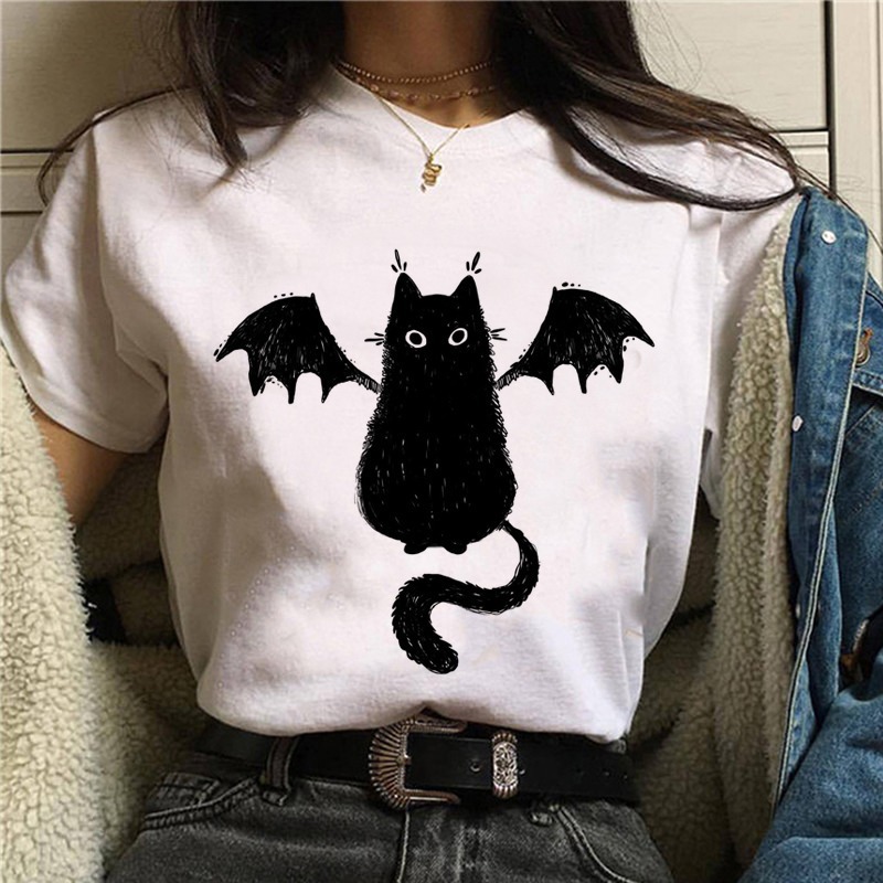 Title 7, Cartoon Cat Mushroom Halloween Print T-shirt Sh...