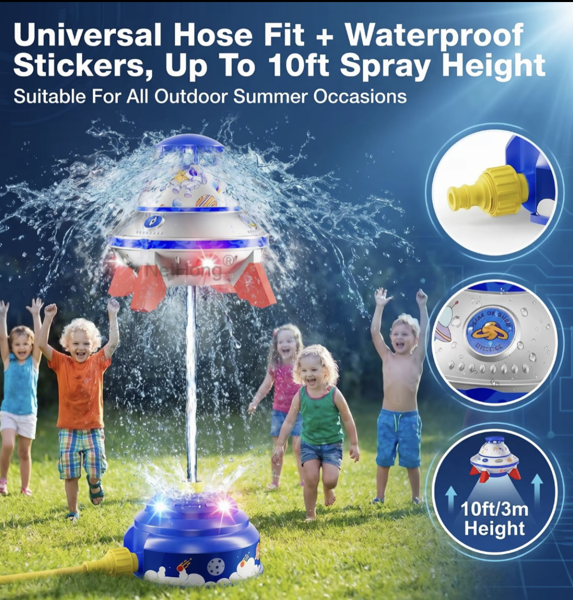 Kids UFO Rocket Water Sprinkler, Flying Saucer Water Launcher With Colorful LED Flashing Lights & DIY Stickers, Outdoor Summer Water Toy For Yard & Garden