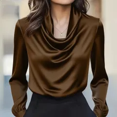 Women's Elegant Draped Neck Blouse, Solid Colour Ruffle Detail Long Sleeve Shirt For Office And Formal Wear - Coffee - View 1