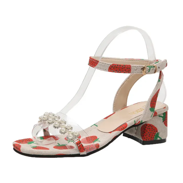 Fairy Strawberry Print Sandals Pearl Line With Middle Heel 3Cm Thick Heel 34 - Shop at LoveMi