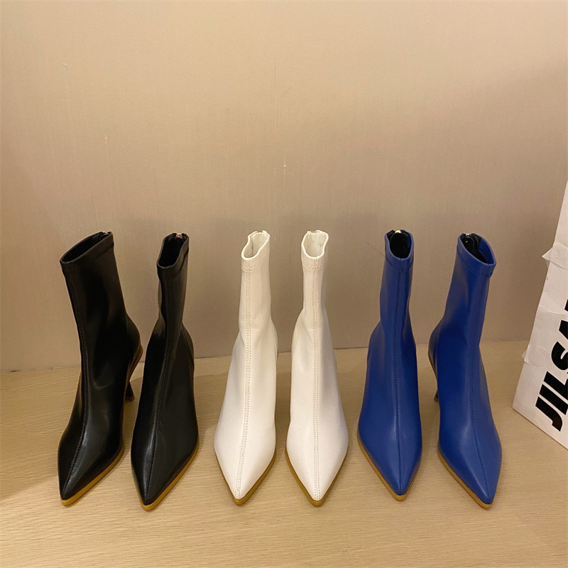 Women's Soft Leather Martin Boots With Stiletto Pointed Toe And High Heel Zipper