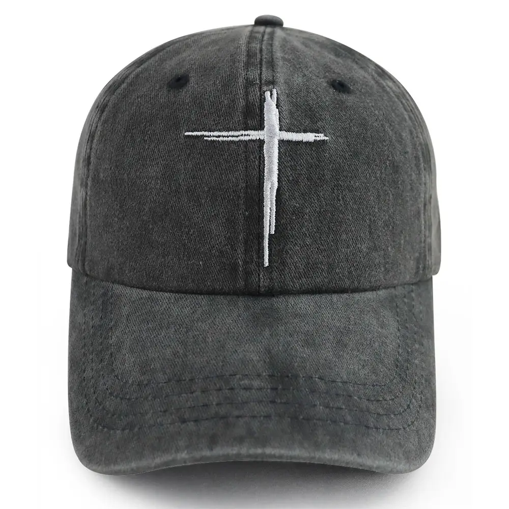 2pcs Minimal Cross Washed Black Cross Embroidered Baseball Cap,Vintage Distressed Cotton Hat, Unstructured Adjustable Streetwear Hat For Men Women