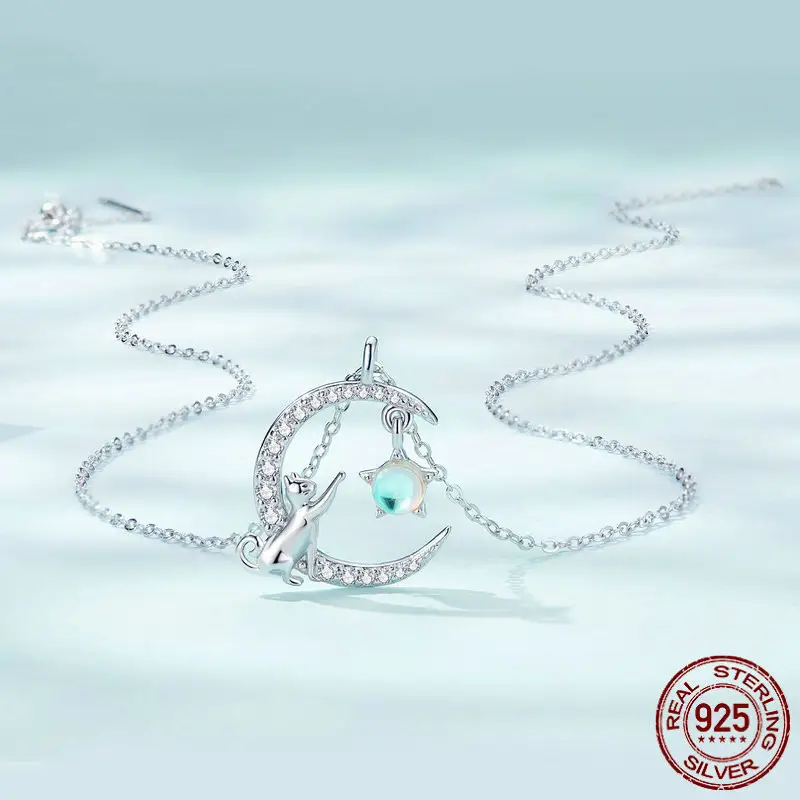 Original Platinum Plated Cat Moon Necklace For Women