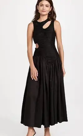 Hollow-out Midriff Mid-length Solid Color Pleated Women's Dress