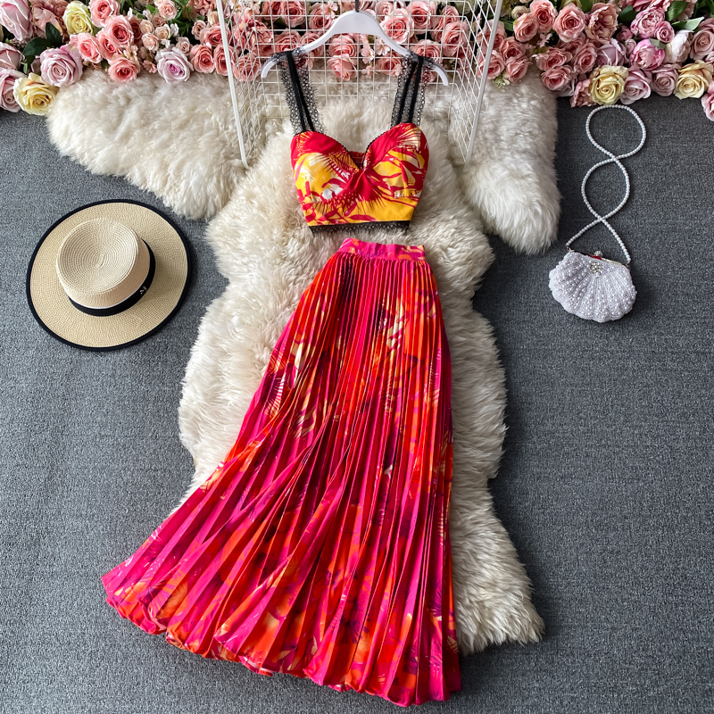 Pleated Sling Long Skirt