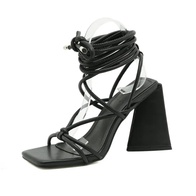 New Style Roman Style Triangle 11CM Ankle Strap High Heel Sandals Black - Shop at LoveMi