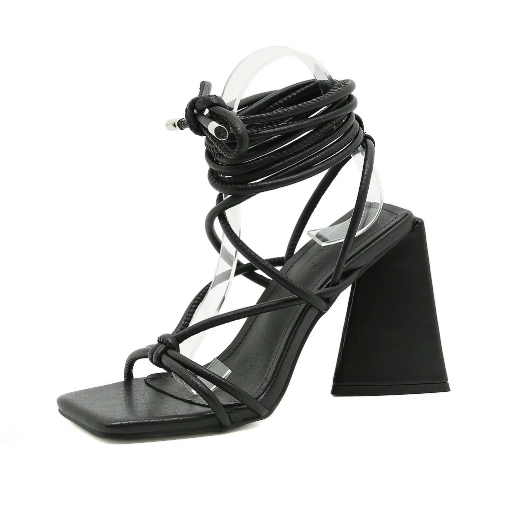 New Style Roman Style Triangle 11CM Ankle Strap High Heel Sandals - Black