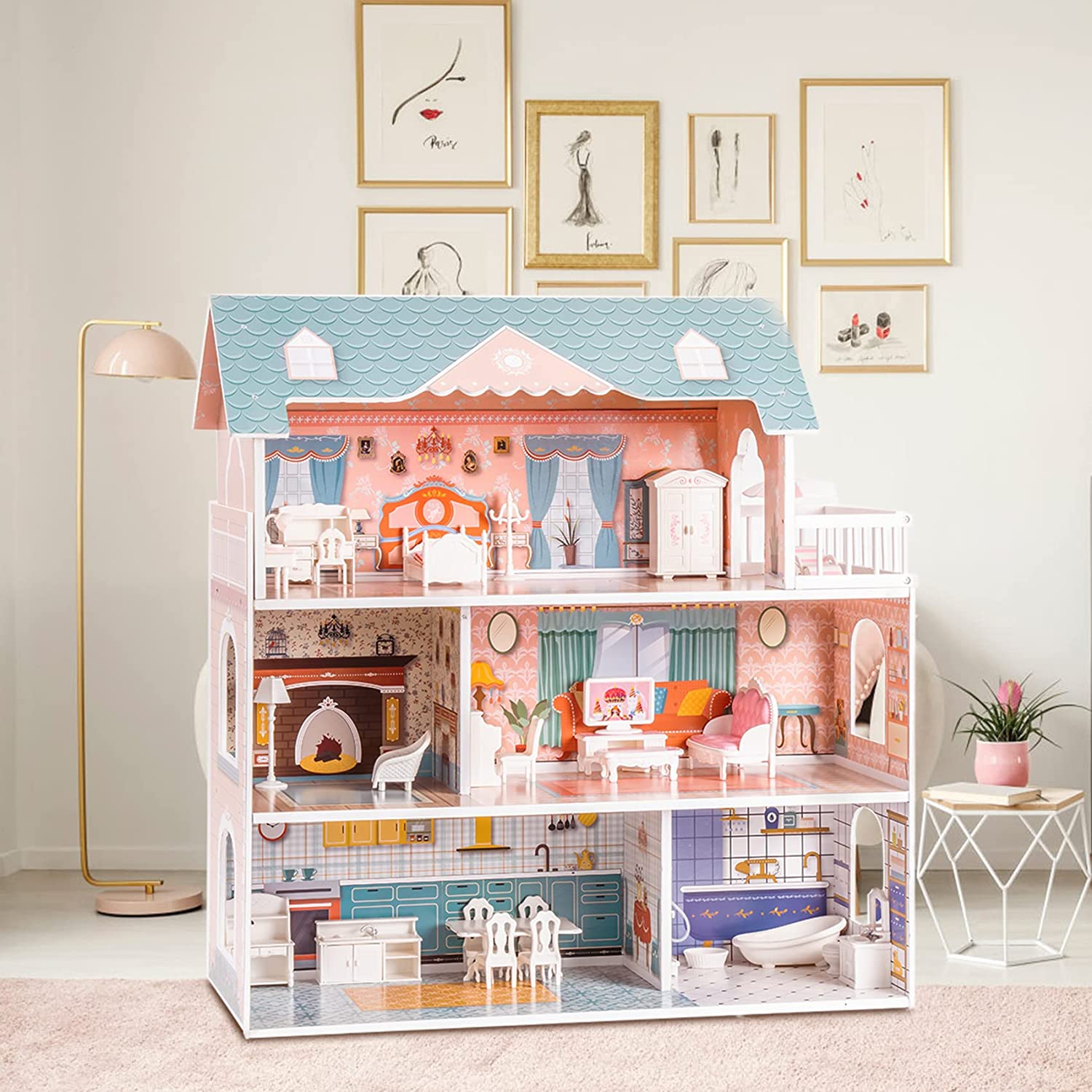 Wooden Dollhouse For Kids Girls Toy Gift. Features: Dreamhouse Dollhouse with Furniture & Accessories Features, Girl's dream dollhouse-Realistic Design and fun game experience, The interior is very colorful and illustrated with much detail, Sturdy and dur