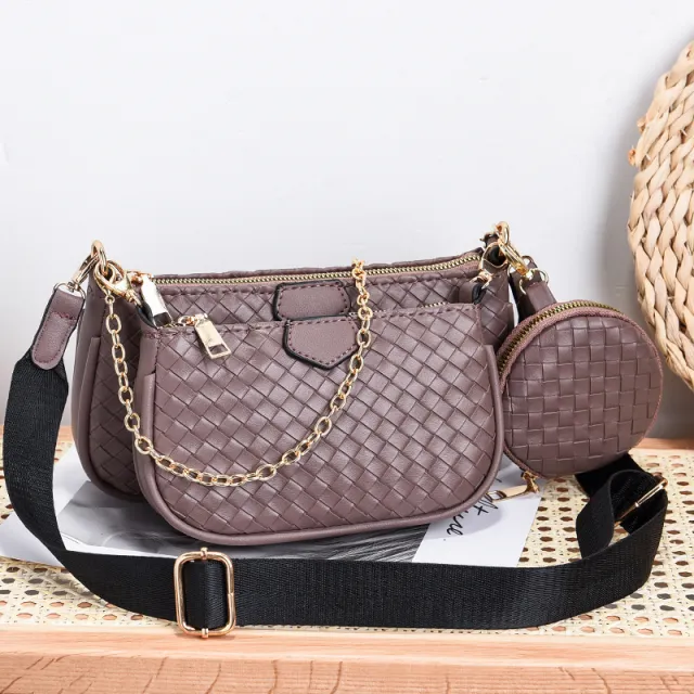 Fashion Woven Pattern PU Leather Crossbody Bag Coffee - Shop at LoveMi