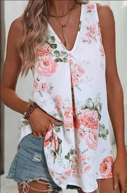 Floral Print V Neck Tank Top, Elegant Sleeveless Top For Spring & Summer, Women's Clothing Mixed Color - Shop at LoveMi