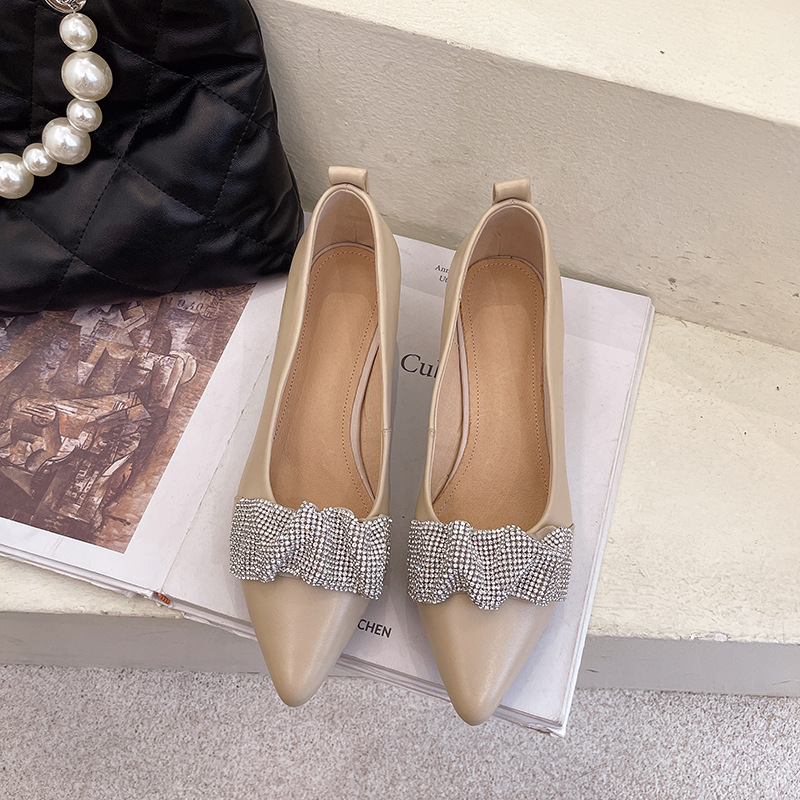 Top Layer Cowhide Pointed Toe Fashion Single Shoes Women Apricot - Shop at LoveMi