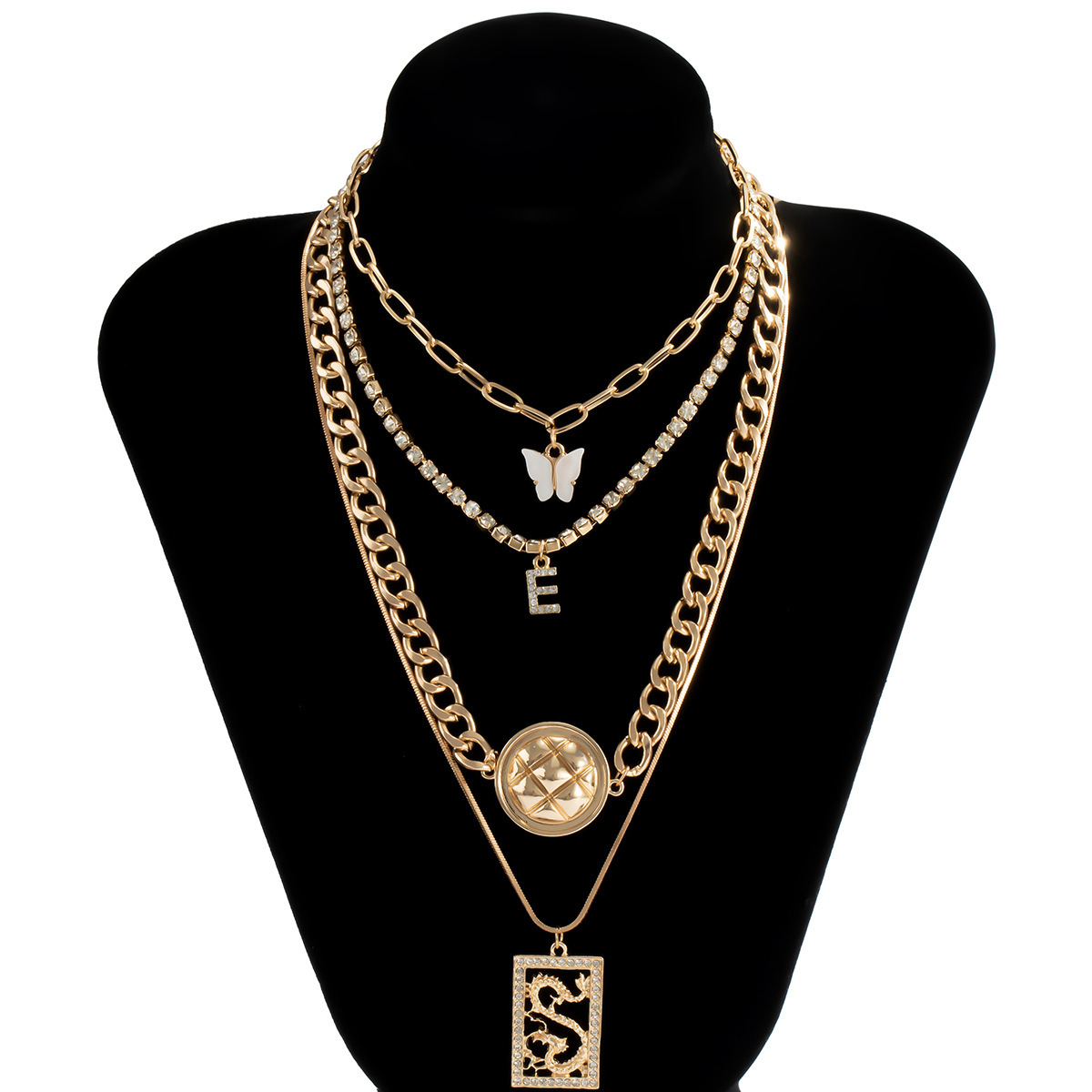 Hip Hop Punk Dragon Multilayer Fashion Tag Diamond Letter Butterfly Necklace