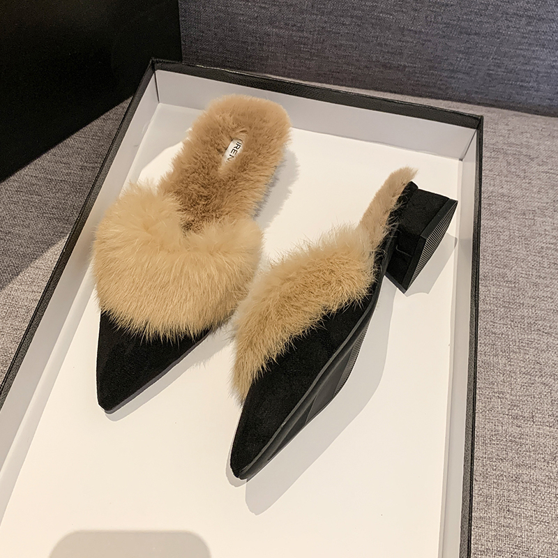 Women Vintage British Style Pointed Toe Furry Cotton Slippers, 2025 New Fall Winter Daily Soft Sole Slip On Closed Toe Mules