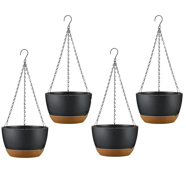 4Pcs 9.64In Diameter Hanging Planter With Drainage Holes Removable Self-Watering Tray Plastic Hanging Flower Plant Pots For Indoor Outdoor Herb Ivy Fern