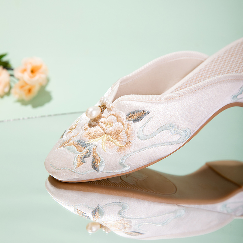 Embroidered Satin Peony Low Heel Slippers — detail view 10