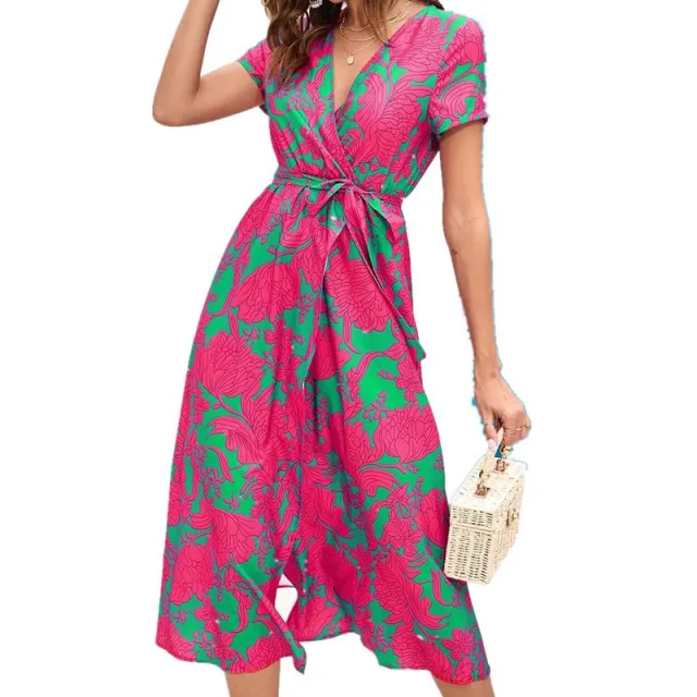 Beautiful Short Sleeved Printed Dress Pink - Shop at LoveMi