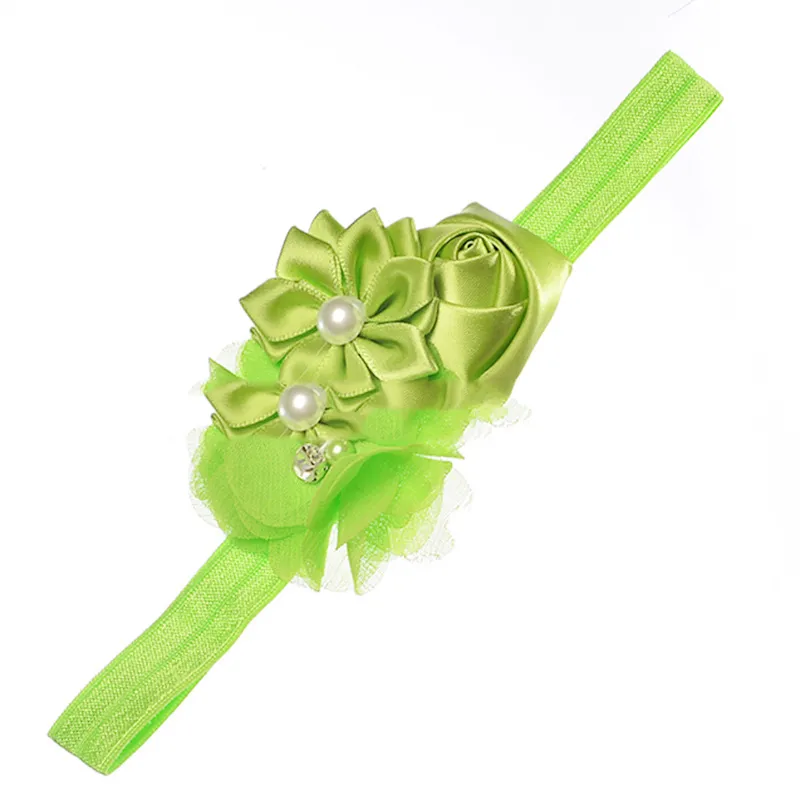 Pearl Chiffon Frayed Multi-angle Flower Combo Hair Band European And American Baby Elastic Headband - Green