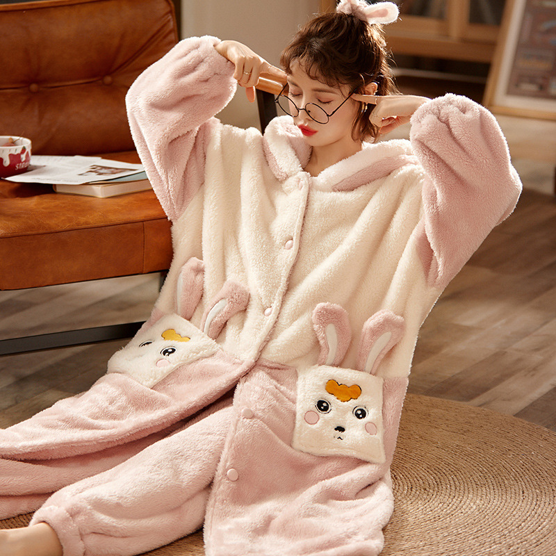 Title 1, Womens Coral Fleece Pajamas Cute Cartoon Hoode...