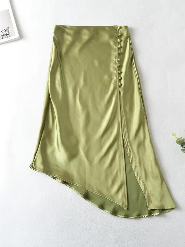 Women's Fashion Irregular Buttoned Silk Satin Textured Skirt Green - Shop at LoveMi