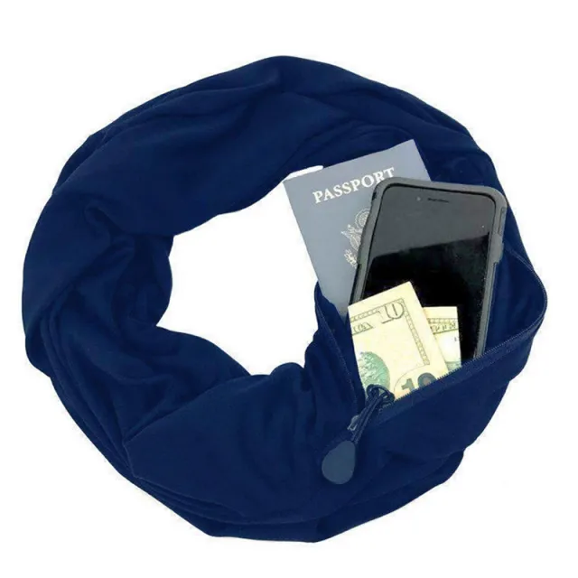 Pure Color Couple Warm Scarf Zipper Storage Convenience Pocket Scarf Navy Blue - Shop at LoveMi