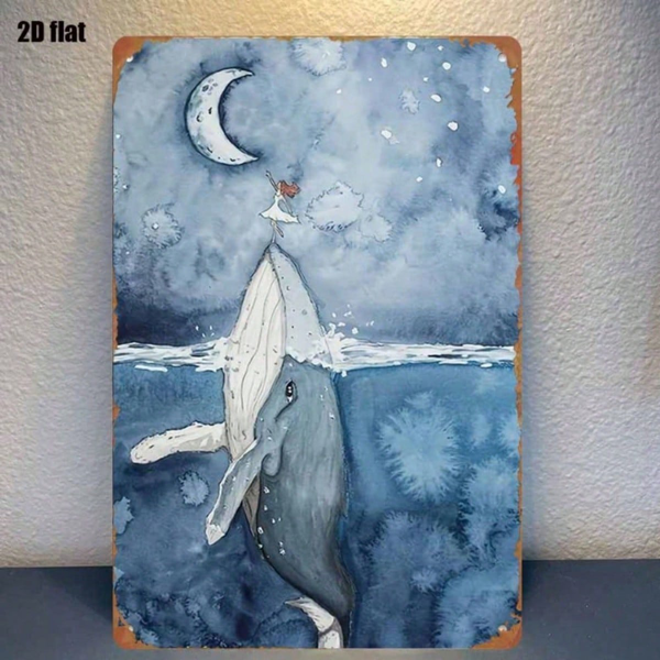 CIFbuy 1PC Vintage Metal Tin Sign Moon & Whale Nautical Pattern Wall Art Retro Decor Plaque For Bedroom Bar Garage Garden Outdoor Home