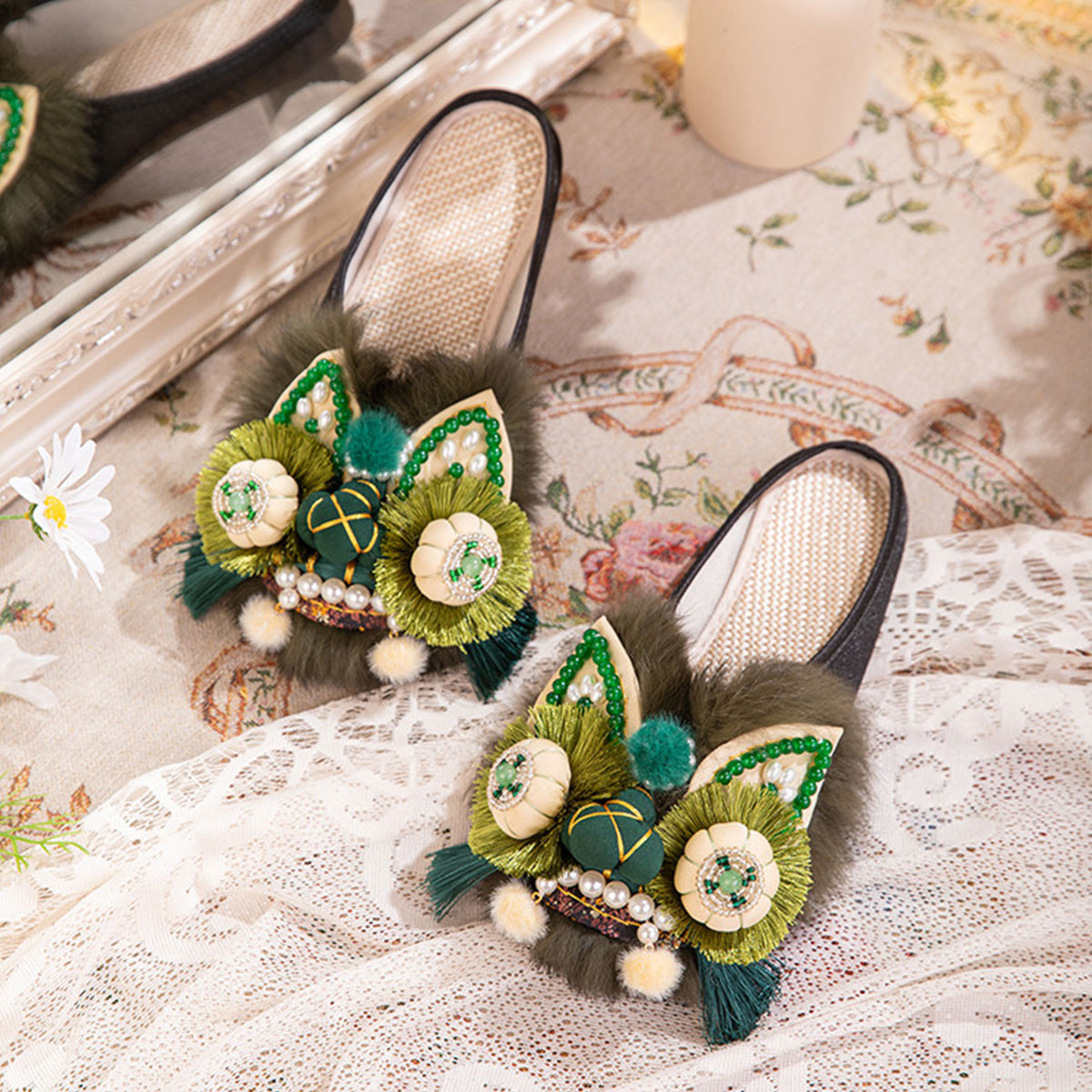 Tiger-head Shoes For Women Of Adult Size, Suitable For Spring And Summer, With Soft Sole, For Outdoor Wear At Home. Green Traditional Chinese Style Ha